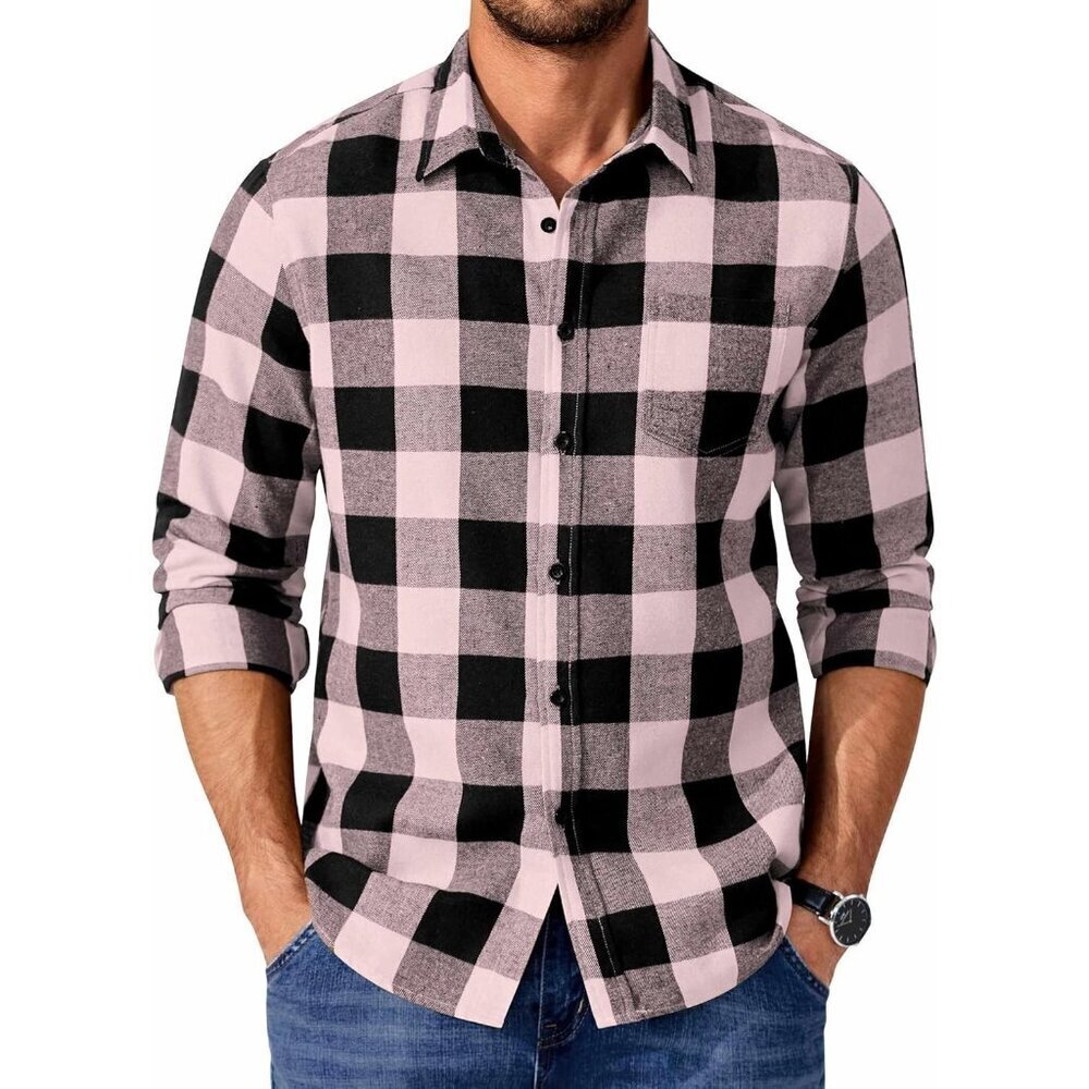 Buffalo Black Pink Men Flannel  Long Sleeve Plaid  Button Up Shirt Jacket